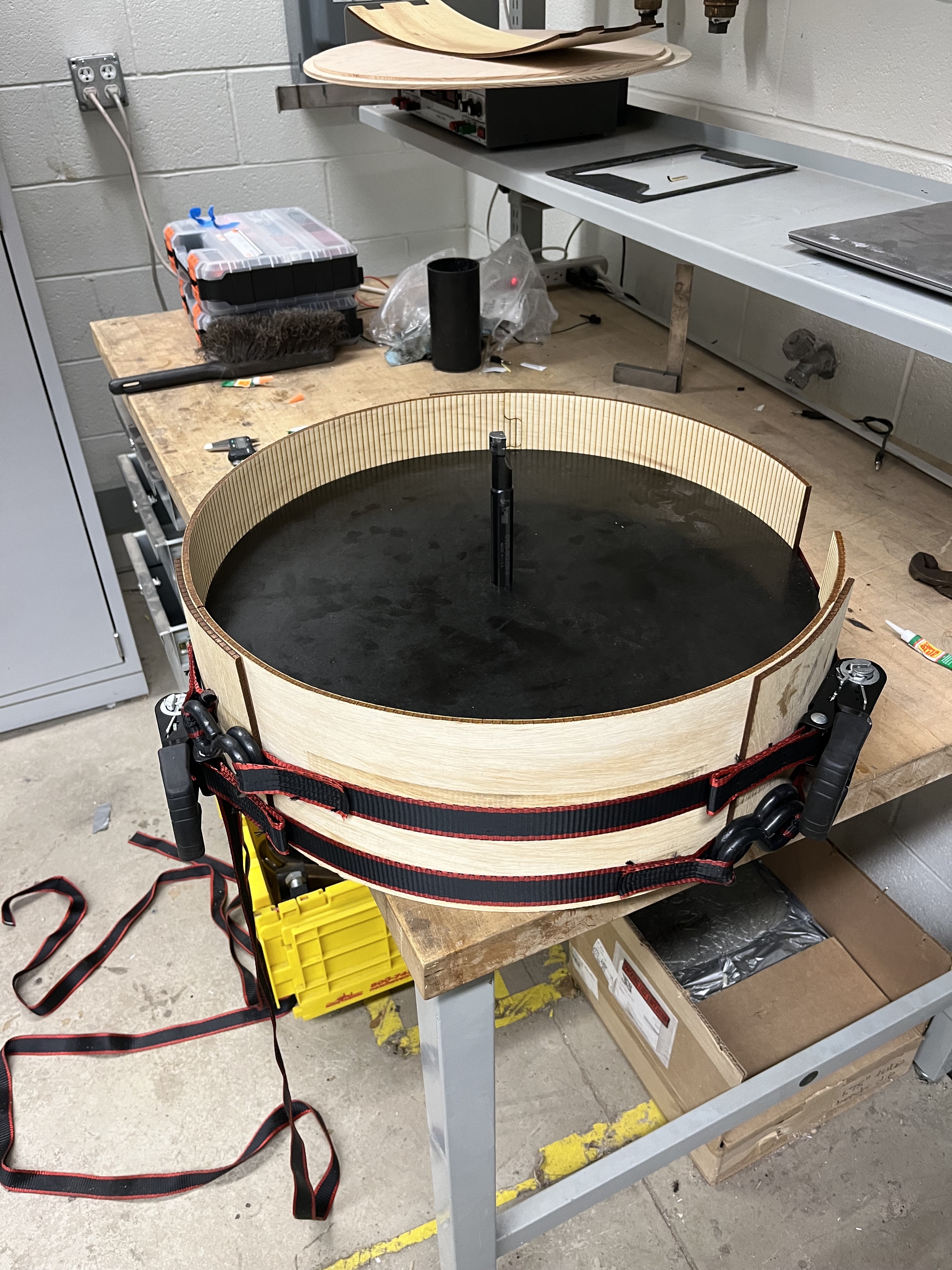 Clamping strategy for the housing, using precise CNC machined forms aligned with a steel dowel