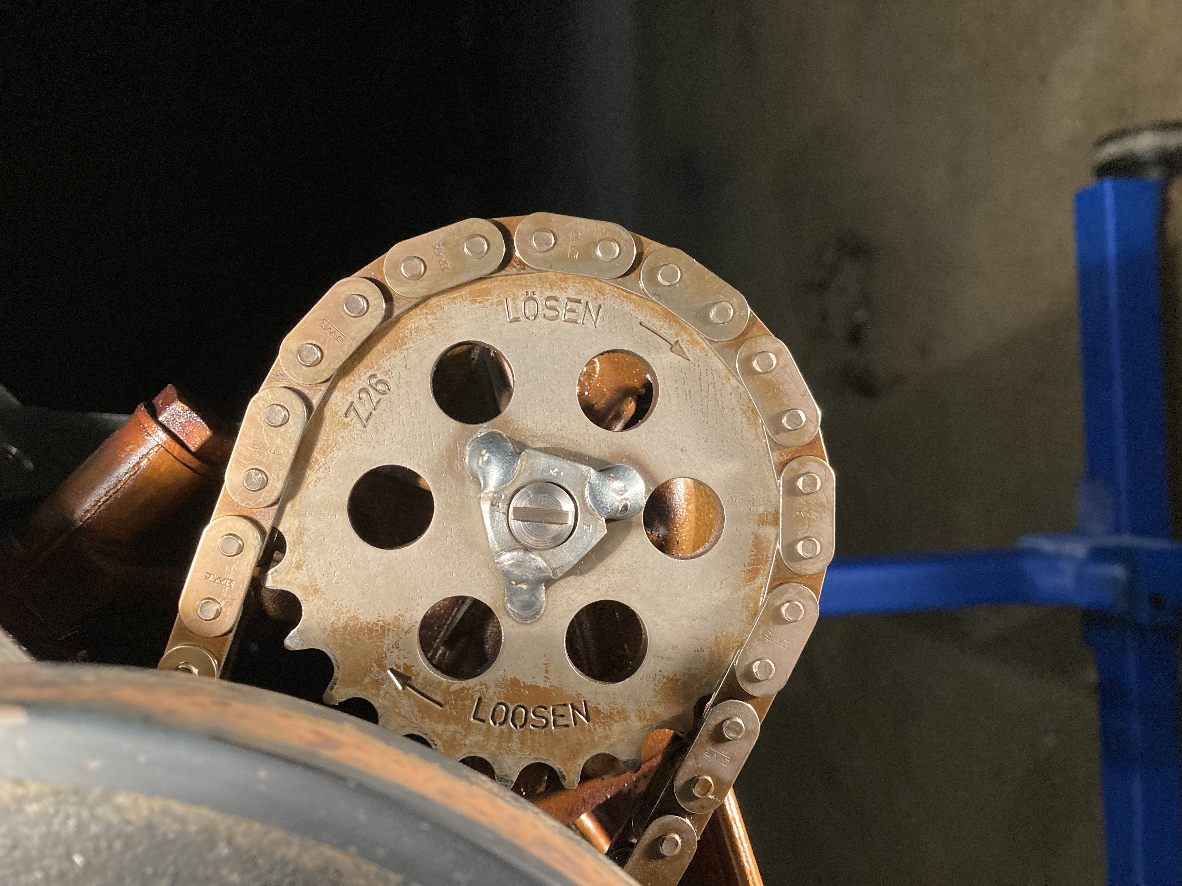 Safety tacks on the oil pump nut